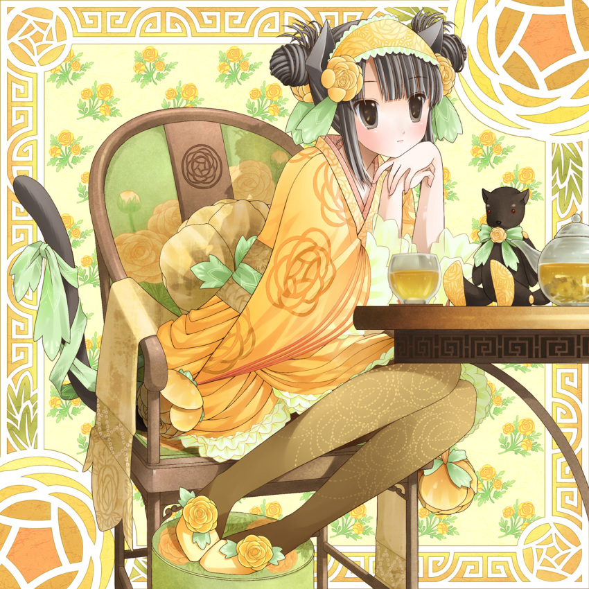 animal_ears black_eyes black_hair cat_ears cat_tail chair commentary_request cup double_bun female flower footwear_flower glass_teacup glass_teapot hair_bun hair_flower hair_ornament hairband head_rest highres japanese_clothes jar kanzaki_miku kuroinu lolita_fashion md5_mismatch original pantyhose ranunculus ribbon shoes solo stuffed_animal stuffed_toy tail tail_ornament tail_ribbon tea teacup teapot wa_lolita