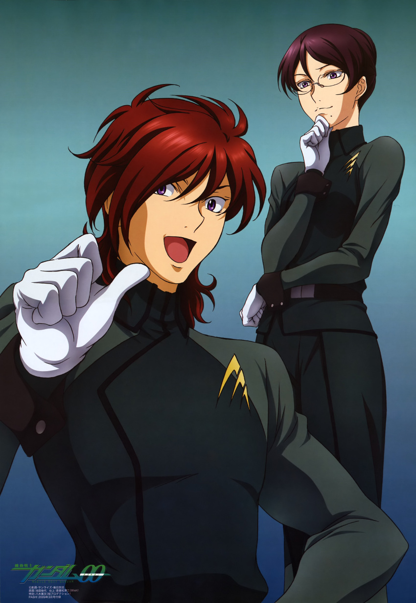 1boy absurdres artist_request belt female glasses gloves gundam gundam_00 highres kati_mannequin mole mole_under_mouth official_art patrick_colasour purple_eyes purple_hair red_hair short_hair uniform