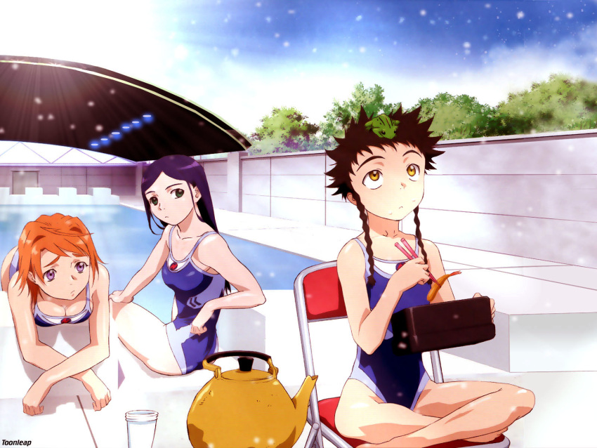 3girls animal_on_head bent_over blue_one-piece_swimsuit breasts cleavage crossed_arms crustacean diving_block flat_chest food frog fuuka_academy_swimsuit highres hisayuki_hirokazu indian_style kettle kuga_natsuki light_rays looking_back medium_breasts minagi_mikoto multiple_girls my-hime official_art on_head one-piece_swimsuit outdoors pool poolside school_swimsuit shrimp shrimp_tempura sitting skinny sparkle sunbeam sunlight swimsuit tempura third-party_edit tokiha_mai water