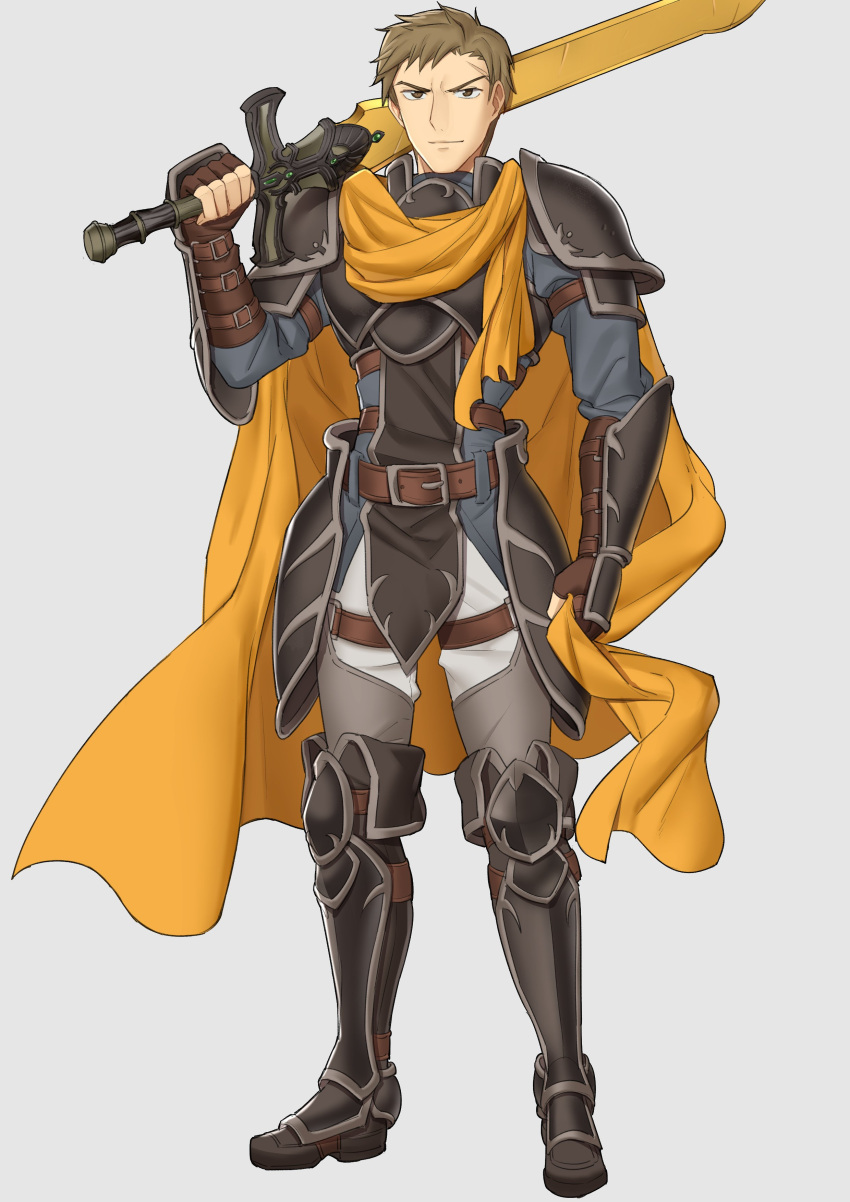 1boy absurdres aged_down armor boots brown_eyes brown_hair cape ebinku english_commentary fingerless_gloves fire_emblem fire_emblem:_path_of_radiance full_body gloves greil grey_background highres holding holding_sword holding_weapon male_focus over_shoulder ragnell shoulder_armor simple_background solo standing sword sword_over_shoulder weapon weapon_over_shoulder yellow_cape