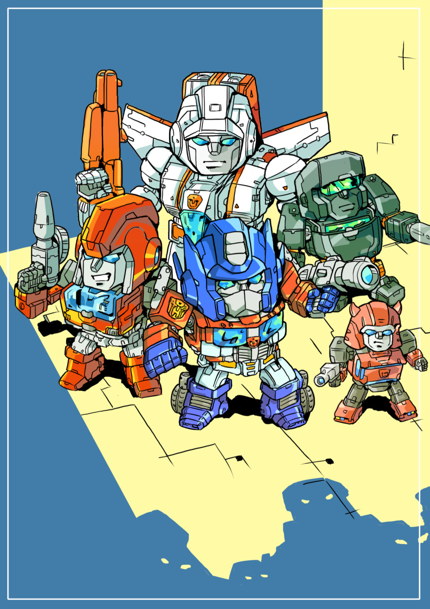 5boys autobot blue_eyes chibi cliffjumper english_commentary gun highres hoist holding holding_gun holding_weapon ironhide jetfire konachang looking_at_viewer mecha multiple_boys no_humans optimus_prime standing transformers visor weapon