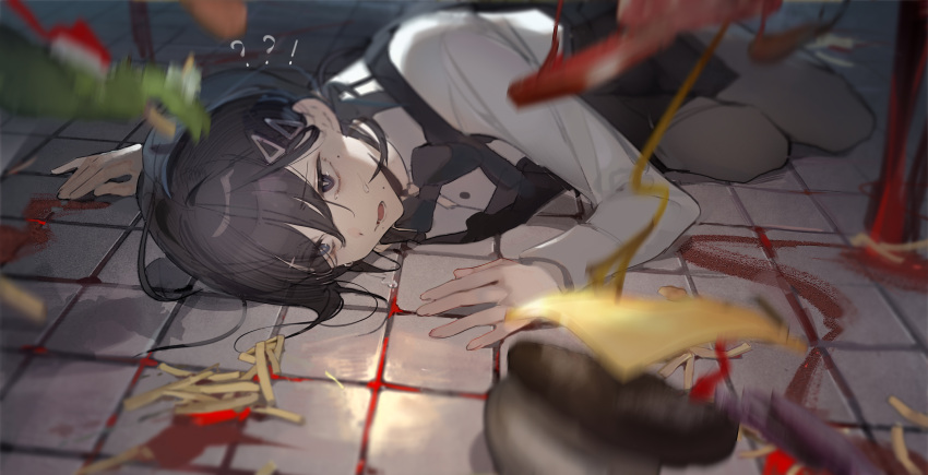 ! ? black_hair blood bow bowtie burger chainsaw_man commentary family_burger_(chainsaw_man) female food french_fries hair_ornament hairclip higashiyama_kobeni highres kumatangent lettuce lying mole mole_under_eye mole_under_mouth on_floor parted_lips short_hair solo sweatdrop tomato waistcoat