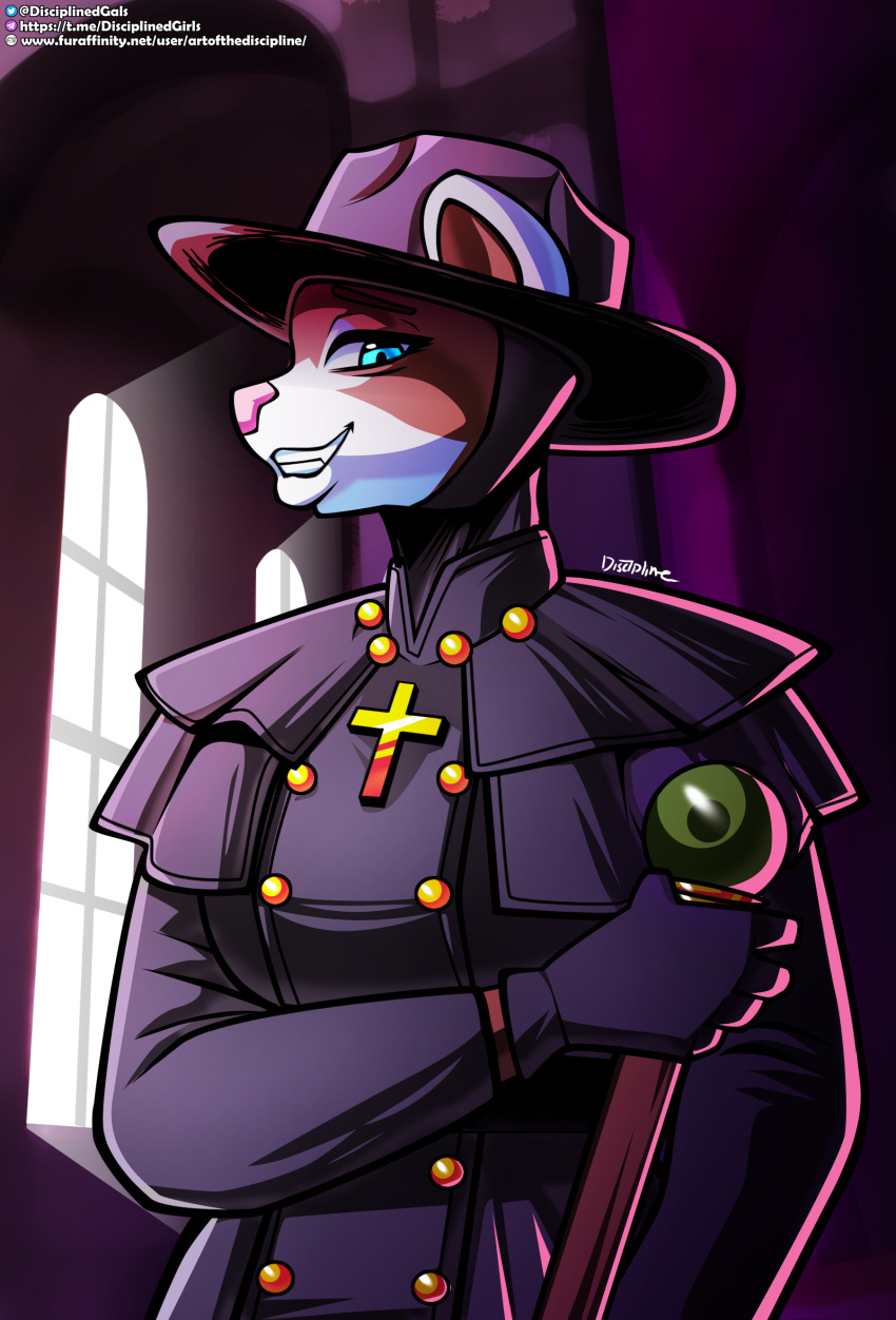 absurd_res anthro artofthediscipline clothing domestic_ferret female hat headgear headwear hi_res mammal mustelid musteline plague_doctor simple_background smile solo true_musteline weasel