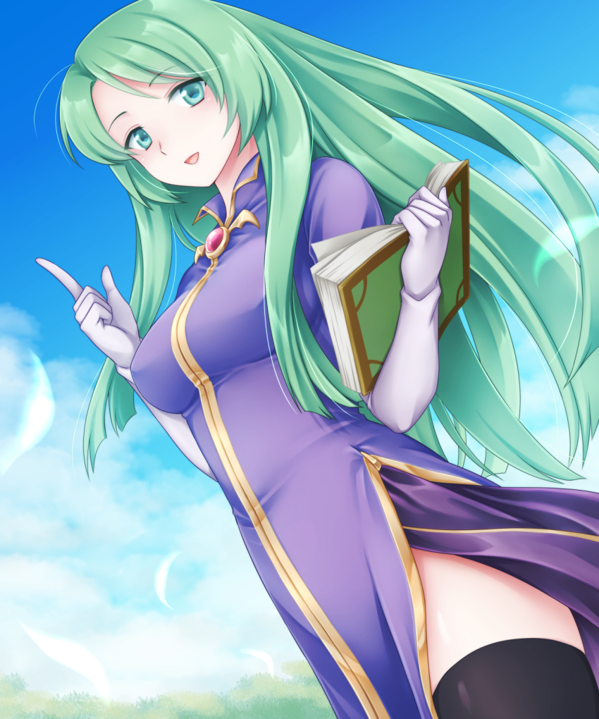 black_thighhighs blue_sky book breasts cecilia_(fire_emblem) collared_dress day dress elbow_gloves female fire_emblem fire_emblem:_the_binding_blade gloves green_eyes green_hair ham_pon highres holding holding_book index_finger_raised jewelry large_breasts long_hair looking_at_viewer open_book open_mouth outdoors purple_dress short_sleeves sky smile solo thighhighs very_long_hair white_gloves zettai_ryouiki