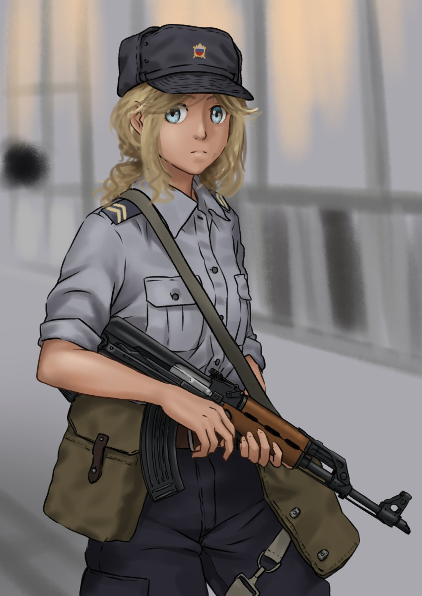 assault_rifle bag belt belt_buckle blonde_hair blue_eyes blue_hat blue_pants blue_shirt blurry blurry_background brown_belt buckle collared_shirt commentary cowboy_shot english_commentary female gun gun_sling hat highres holding holding_gun holding_weapon kalashnikov_rifle looking_to_the_side mardjan original pants ponytail pouch rifle shirt short_hair sidelocks sleeves_rolled_up slovenia slovenian_flag solo submachine_gun uniform wavy_hair weapon window wing_collar yugoslavia zastava_m70