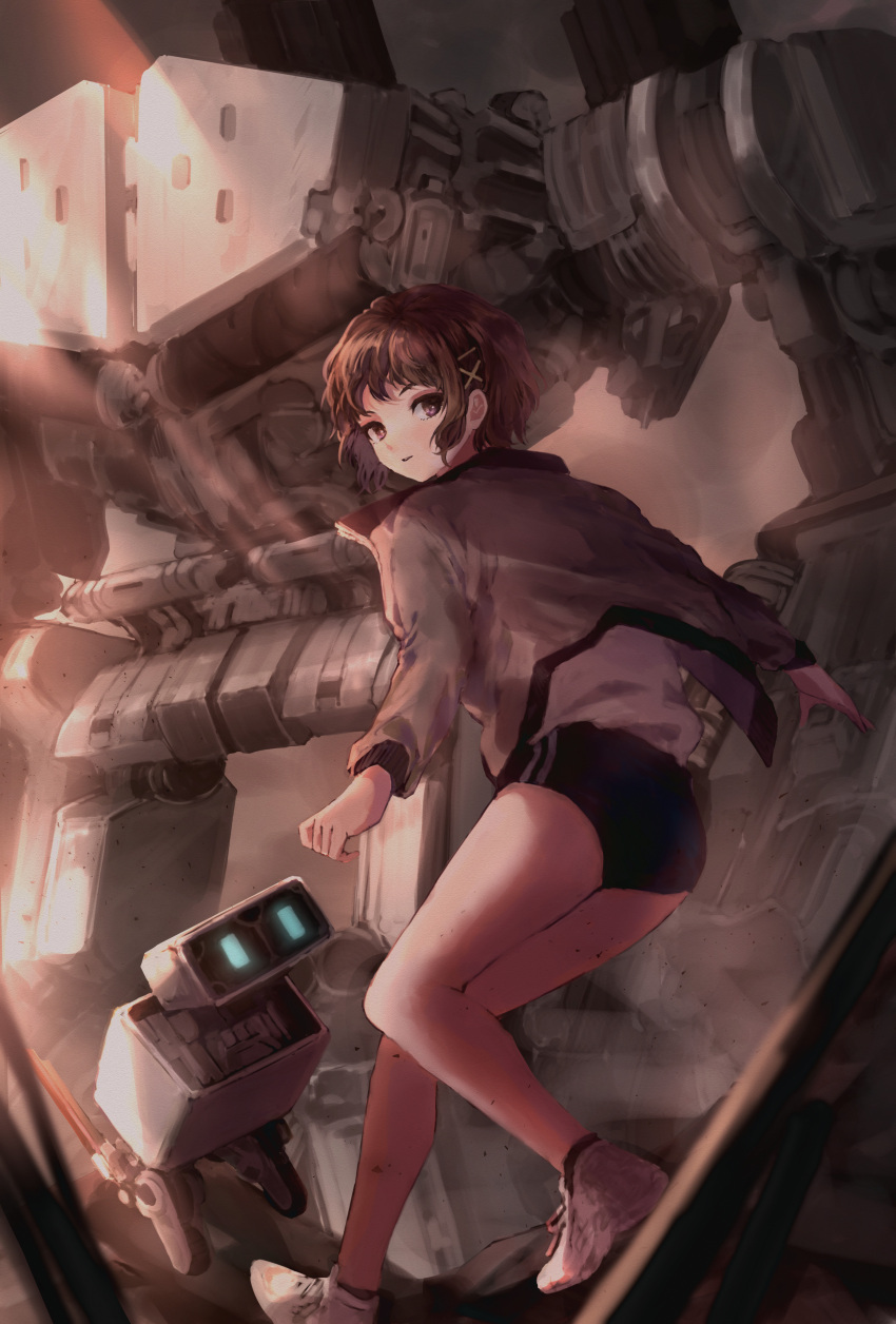 absurdres bj_(juusan_kihei_bouei_ken) brown_hair buruma cannon dust female from_behind grey_jacket hair_behind_ear highres jacket juusan_kihei_bouei_ken looking_at_viewer looking_back machinery mecha minami_natsuno piston robot science_fiction sgr_(rx79g_sgr) shirt shoes short_hair sneakers solo standing sunlight white_footwear white_shirt