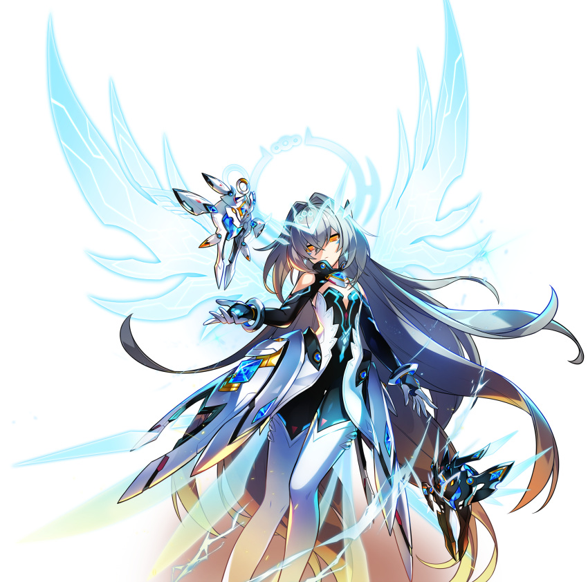 android artist_request bare_shoulders bodysuit bracelet code:_sariel_(elsword) contrapposto elsword energy_wings eve_(elsword) expressionless feet_out_of_frame female floating grey_hair hair_between_eyes halo highres jewelry long_hair moby_(elsword) neon_trim official_art parted_bangs remy_(elsword) showgirl_skirt solo transparent_background very_long_hair yellow_eyes