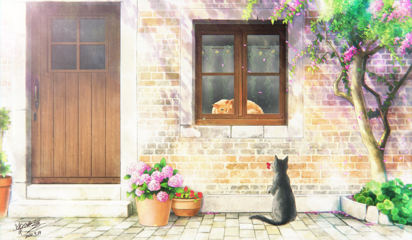 black_cat brick_wall commentary dated door eye_contact feline flower kaminaga_mutsumi looking_at_another no_humans orange_cat original outdoors photoshop_(medium) plant potted_plant scenery signature tree window