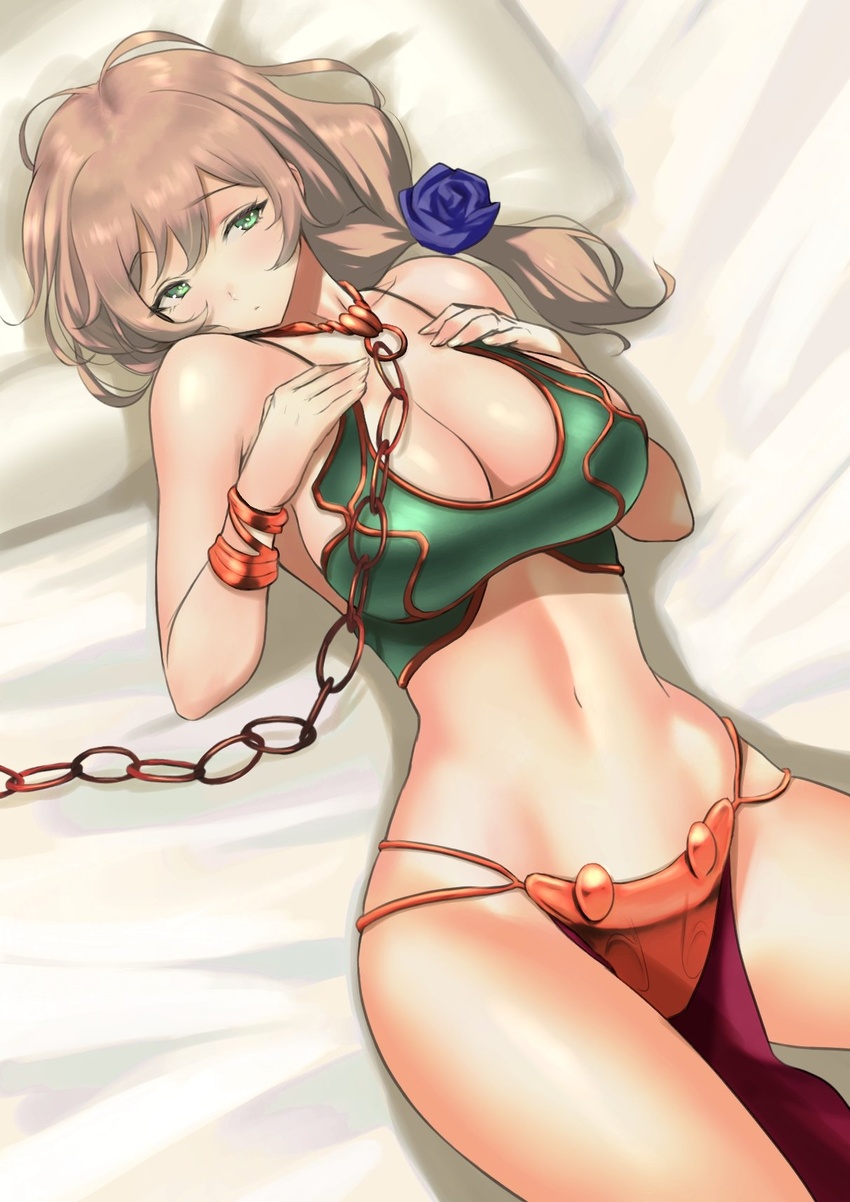 ahoge alternate_costume anagumasan bangle bikini bikini_top_only blush bracelet breasts chain_leash chains cleavage closed_mouth commentary commission cosplay cowboy_shot cuffs dancer english_commentary female genshin_impact green_bikini green_eyes hands_on_own_chest highres jewelry large_breasts leash light_brown_hair lisa_(genshin_impact) lying medium_hair navel on_back pelvic_curtain princess_leia_organa_solo princess_leia_organa_solo_(cosplay) shackles solo star_wars star_wars:_return_of_the_jedi stomach swimsuit thighs