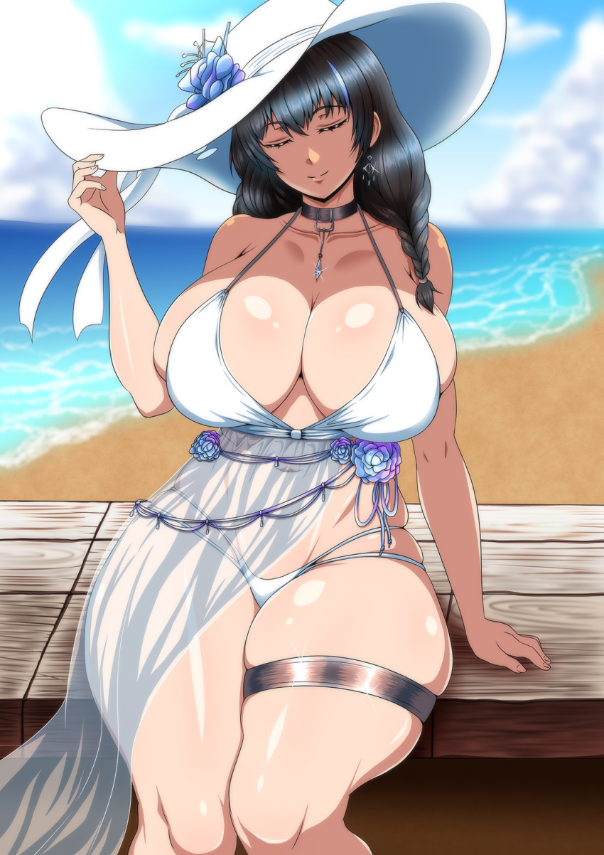 asymmetrical_hair beach belt_collar bikini black_hair blue_flower blue_sky blurry braid braided_ponytail breasts cleavage closed_eyes closed_mouth collar commentary_request curvy day feet_out_of_frame female flower glint goddess_of_victory:_nikke hair_over_shoulder hand_on_headwear hand_up hat highres huge_breasts jewelry kurisutorisu long_hair mary_(bay_goddess)_(nikke) mary_(nikke) necklace official_alternate_costume outdoors plump sitting skindentation sky smile solo sun_hat swimsuit thick_thighs thighlet thighs white_bikini white_hat