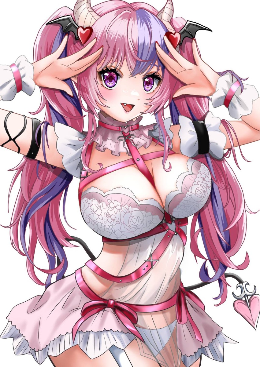 arm_strap belt breasts chest_belt choker demon_girl demon_tail demon_wings female garter_straps hair_ornament head_wings heart heart_choker heart_hair_ornament highres ironmouse ironmouse_(demon_form) large_breasts long_hair looking_at_viewer momomomooo13 multicolored_hair nail_polish oerba_yun_fang open_mouth panties pink_belt pink_choker pink_hair purple_eyes purple_hair red_nails see-through see-through_skirt skirt smile solo streaked_hair tail twintails underwear virtual_youtuber vshojo white_garter_straps white_panties white_wrist_cuffs wings wrist_cuffs