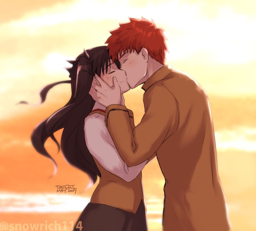 1boy artist_name black_hair black_skirt brown_jacket brown_vest closed_eyes dated emiya_shirou fate/hollow_ataraxia fate/stay_night fate_(series) female hair_ribbon hand_on_another's_head highres homurahara_academy_school_uniform iida_toyoyuki jacket kiss_day kissing long_hair red_hair ribbon school_uniform skirt smile straight sunset tohsaka_rin twitter_username two_side_up vest