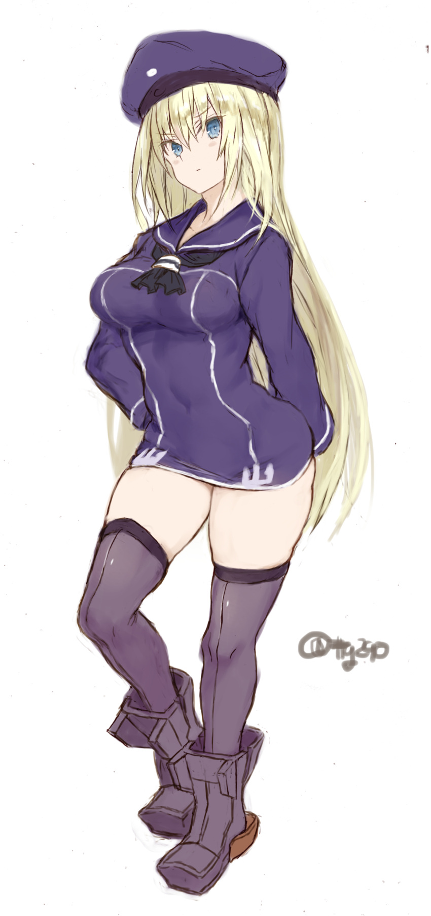 absurdres bad_id bad_twitter_id bismarck_(kancolle) black_dress black_sailor_collar blonde_hair blue_eyes blush breasts closed_mouth cosplay dress female full_body grey_thighhighs hair_between_eyes highres kantai_collection large_breasts long_hair long_sleeves rudder_footwear ryo_(tg290) sailor_collar sailor_dress simple_background solo thighhighs twitter_username white_background z3_max_schultz_(kancolle) z3_max_schultz_(kancolle)_(cosplay)