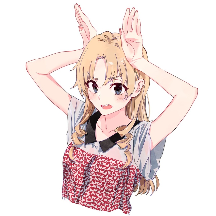 alternate_costume arms_up blonde_hair blue_eyes blush collarbone cropped_torso drill_hair female fingernails highres long_hair looking_at_viewer miura_yumiko nail_polish open_mouth palms parted_bangs pink_nails ponkan_8 rabbit_pose shirt short_sleeves simple_background solo teeth upper_body v-shaped_eyebrows white_background yahari_ore_no_seishun_lovecome_wa_machigatteiru.