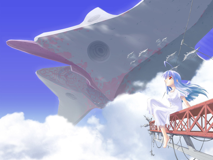 ahoge aircraft aqua_hair bad_id barefoot breasts closed_mouth cloud dress female flying highres inactive_account long_hair looking_up mahiro_(radio_zonde) makku~ medium_breasts outdoors radio_zonde red_eyes short_sleeves sitting sky solo sundress white_dress wide_shot