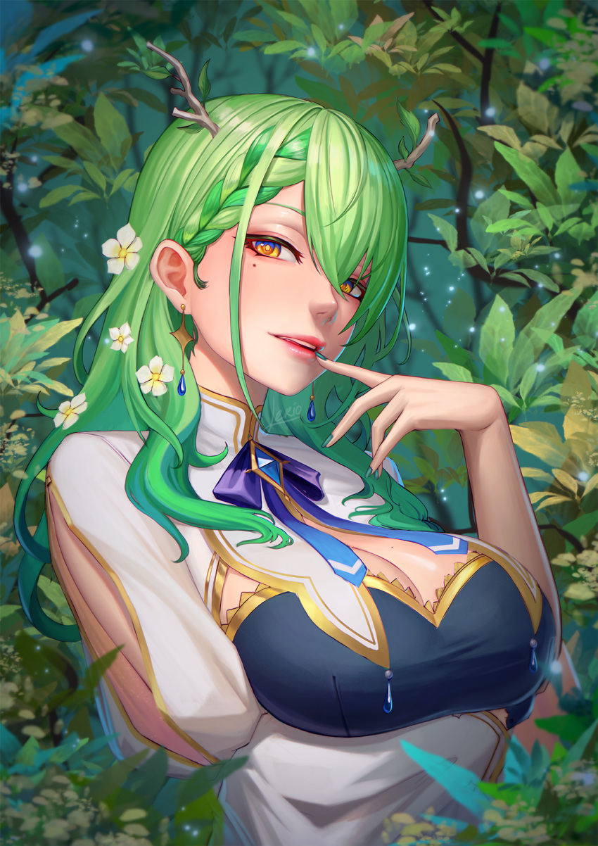 antlers arm_under_breasts bad_id bad_pixiv_id bow braid braided_bangs breasts ceres_fauna ceres_fauna_(1st_costume) cleavage cleavage_cutout clothing_cutout eyebrows_hidden_by_hair female flower green_hair hair_behind_ear hair_flower hair_ornament highres hololive hololive_english horns large_breasts leaf lerio_(leriodraws) looking_at_viewer mole mole_under_eye parted_lips purple_bow single_braid upper_body virtual_youtuber white_flower yellow_eyes