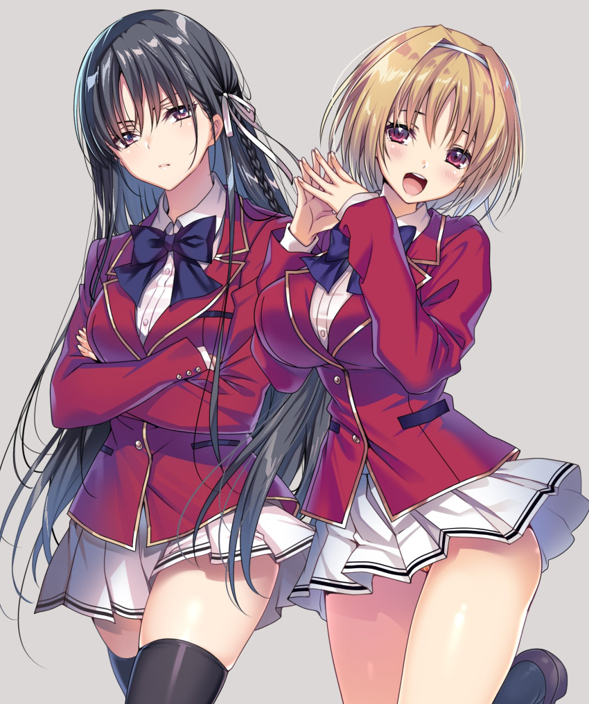 2girls :d advanced_nurturing_high_school_uniform black_hair black_thighhighs blazer blonde_hair blue_bow blue_bowtie bow bowtie braid breasts brown_hair collared_shirt crossed_arms grey_background hair_between_eyes hairband hands_up hario_4 highres horikita_suzune jacket kushida_kikyou large_breasts long_hair looking_at_viewer miniskirt multiple_girls neck_ribbon open_mouth orange_panties own_hands_together panties pantyshot pink_eyes pleated_skirt purple_eyes red_jacket ribbon school_uniform shirt short_hair simple_background skirt smile striped_clothes striped_panties thighhighs thighs underwear very_long_hair white_hairband white_shirt white_skirt youkoso_jitsuryoku_shijou_shugi_no_kyoushitsu_e