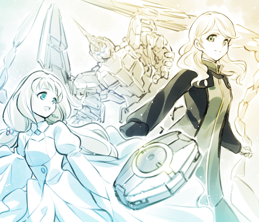 2girls absurdres aqua_eyes assault_visor eve_(gundam_build_divers_re:rise) floating gundam gundam_build_divers gundam_build_divers_re:rise gundam_narrative highres horns ishiyumi looking_down looking_up mecha multiple_girls open_hand rita_bernal robot single_horn trait_connection unicorn_gundam_phenex