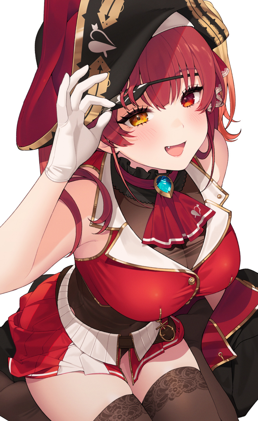 :d absurdres arm_up arrow_through_heart ascot belt bicorne black_hat blush breasts brooch brown_belt brown_leotard brown_thighhighs cleavage coat covered_navel cropped_jacket eyepatch eyepatch_pull female gloves hat heterochromia highres hololive houshou_marine houshou_marine_(1st_costume) jacket jewelry lace-trimmed_legwear lace_trim large_breasts leather_belt leotard leotard_under_clothes looking_at_viewer medium_hair miniskirt no_shoes oerba_yun_fang open_mouth pirate_hat pleated_skirt red_ascot red_eyes red_hair red_jacket red_skirt see-through see-through_cleavage see-through_leotard simple_background sitting skirt sleeveless sleeveless_jacket smile solo thighhighs unworn_coat virtual_youtuber wariza white_background white_gloves yeije yellow_eyes