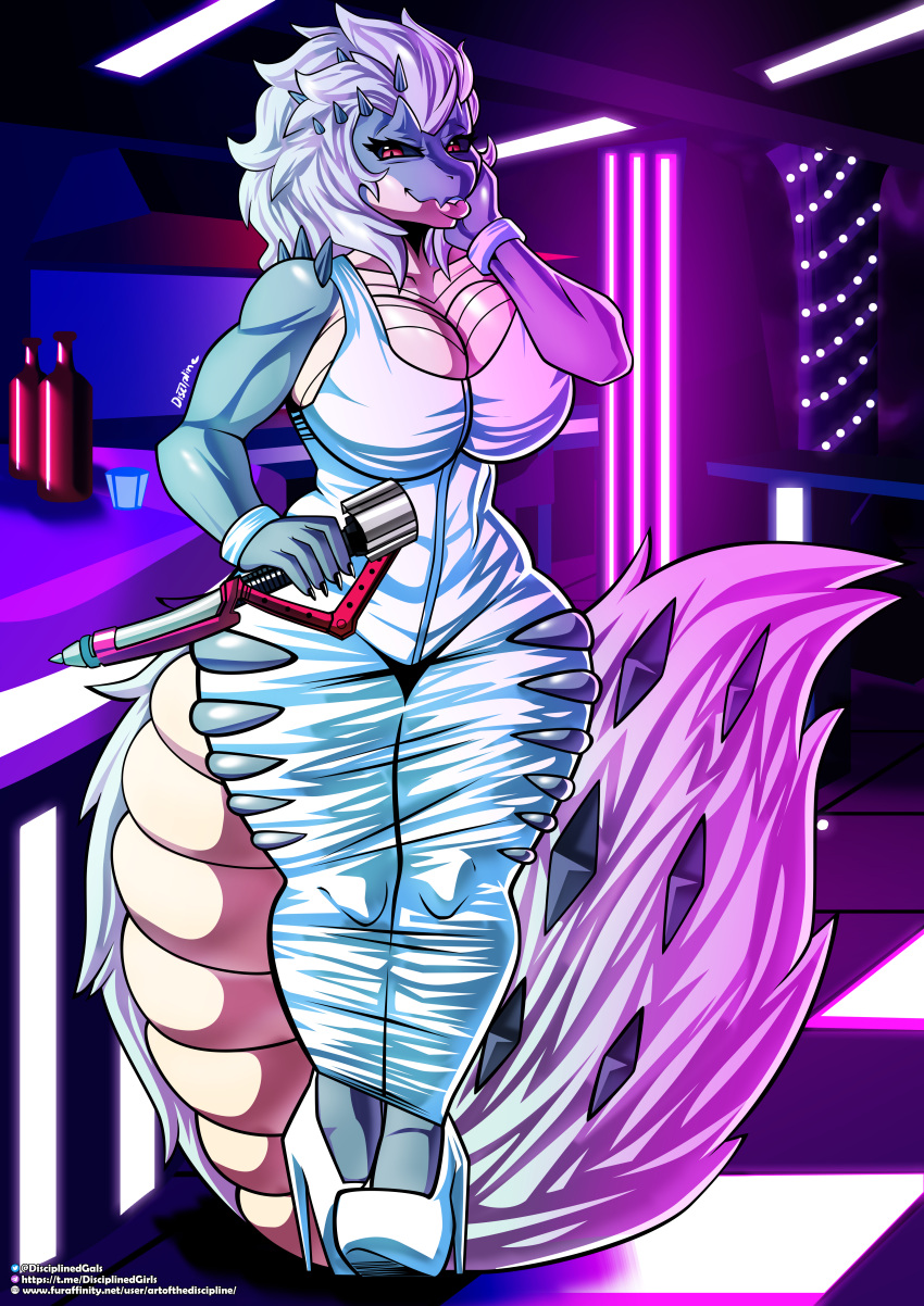 absurd_res anthro artofthediscipline bar big_breasts big_tail breasts capcom clothing dragon fanged_wyvern female footwear hi_res high_heels monster_hunter mythological_creature mythological_scalie mythology scalie solo tail tobi-kadachi weapon wide_hips