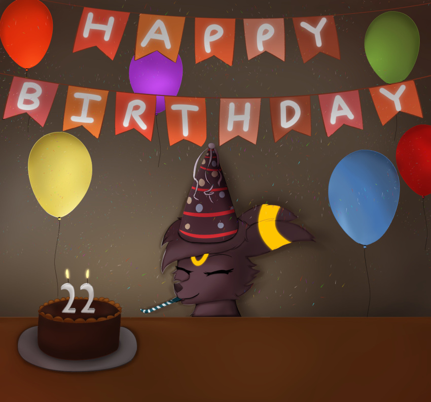 balloon birthday birthday_cake cake candle clothing dessert eeveelution fan_character female feral food furniture generation_2_pokemon hat headgear headwear hi_res inflatable joeumbre nintendo party party_hat plate pokemon pokemon_(species) rita_(joeumbre) shaded solo table umbreon