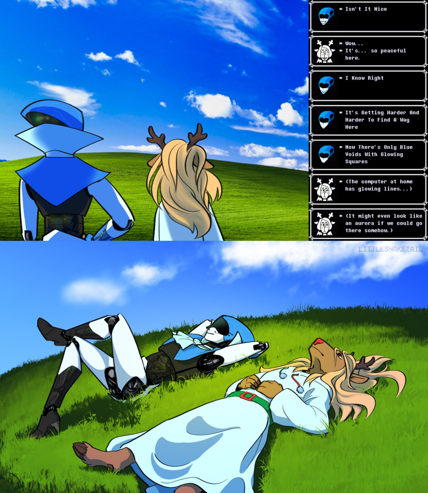 2021 2_toes absurd_res anthro antlers barefoot bliss_(image) blonde_hair clothed clothing cloven_hooves deer deltarune detailed_background dialogue duo english_text feet female hair hi_res hooves horn humanoid littlesnaketail long_hair lying machine mammal microsoft microsoft_windows new_world_deer noelle_holiday on_back outside queen_(deltarune) reindeer robot robot_humanoid signature sky text text_box toes undertale_(series) windows_xp