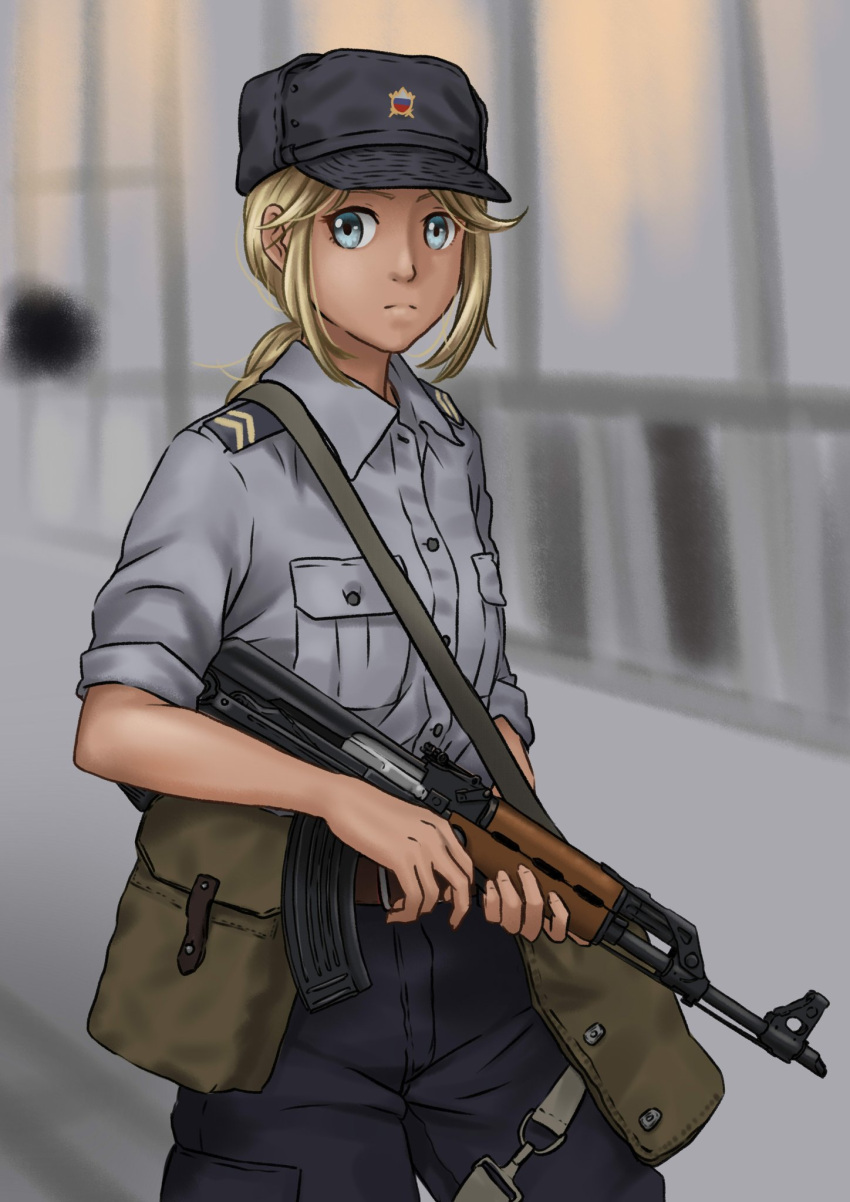 assault_rifle bag belt belt_buckle blonde_hair blue_eyes blue_hat blue_pants blue_shirt blurry blurry_background brown_belt buckle collared_shirt commentary cowboy_shot english_commentary female gun gun_sling hat highres holding holding_gun holding_weapon kalashnikov_rifle looking_to_the_side mardjan original pants ponytail pouch rifle shirt short_hair sidelocks sleeves_rolled_up slovenia slovenian_flag solo submachine_gun uniform weapon window wing_collar yugoslavia zastava_m70