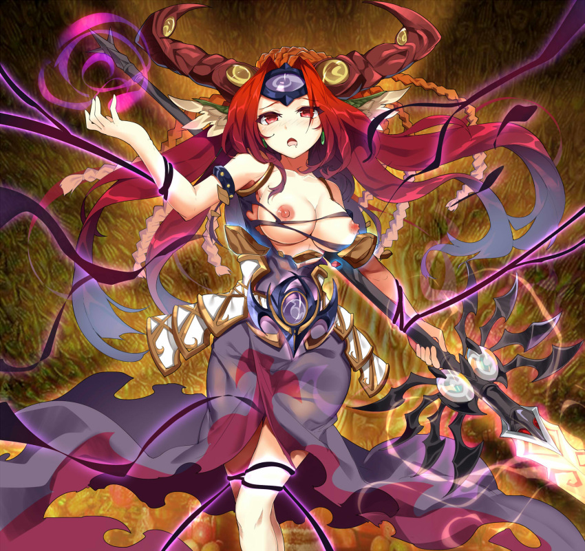 areolae blush braid breasts cleavage collarbone dress duel_monster earrings emilia_(yu-gi-oh!) feet_out_of_frame female highres holding holding_polearm holding_weapon horns jewelry large_breasts looking_at_viewer magic nekroz_of_sophia nipples nose_blush open_mouth polearm red_eyes red_hair restrained solo spear standing tentacle weapon yu-gi-oh! zhu_fun