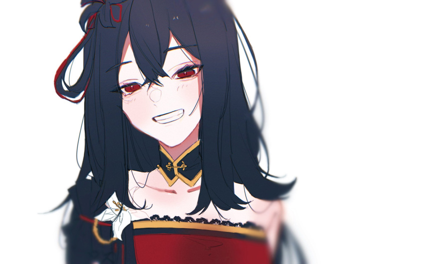 black_flower black_hair collarbone detached_collar female flower hair_between_eyes hair_flower hair_ornament highres hinoni indie_virtual_youtuber kurosaki_yuria long_hair looking_down red_eyes smile solo upper_body virtual_youtuber white_background