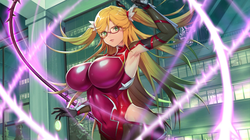 action_taimanin arm_up armpits blonde_hair breasts building covered_navel elbow_gloves female fishnet_gloves fishnets game_cg glasses gloves glowing glowing_weapon green_eyes groin highres huge_breasts impossible_clothes impossible_leotard kosaka_shizuru leotard long_hair looking_at_viewer non-web_source office serious taimanin_(series) taimanin_suit thorns tree twintails weapon whip wide_hips