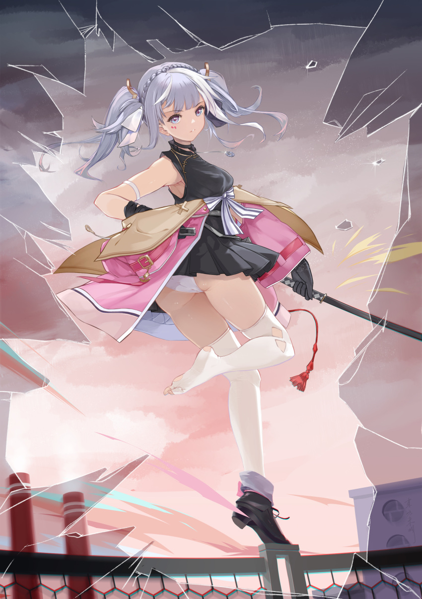 absurdres ass atelier_(series) atelier_ryza atelier_ryza_2 ayachimikami azur_lane balancing bare_arms black_dress braid breasts cloak coat dress female from_behind gloves grey_eyes grey_hair highres katana looking_at_viewer looking_back medium_breasts outdoors overcoat panties pantyshot patricia_abelheim pink_cloak shattered shoes single_shoe soles sword thighhighs twintails underwear weapon white_panties