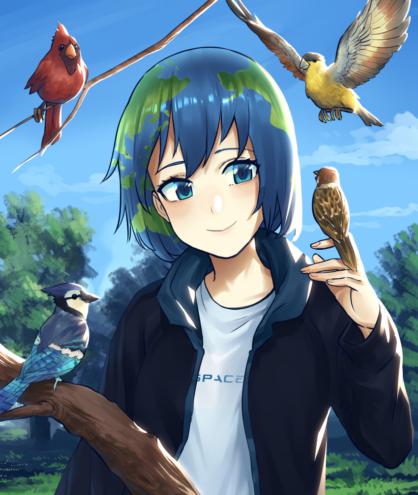 alternate_costume american_goldfinch bad_id bad_pixiv_id bird bird_on_hand blue_eyes blue_hair blue_jacket blue_jay branch cardinal clothes_writing cloud commentary earth-chan english_commentary female green_hair hand_up highres jacket multicolored_hair open_clothes open_jacket original outdoors shinidei shirt short_hair sky smile solo sparrow tree upper_body white_shirt