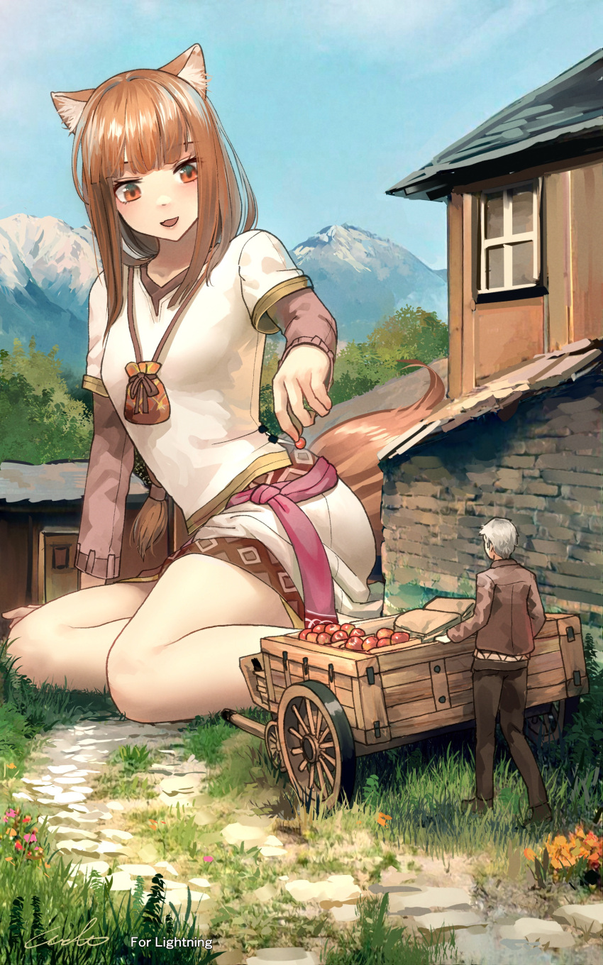 2022 5:8 absurd_res animal_humanoid apple brown_hair building canid canid_humanoid cart clothing corpsmanwelt day detailed_background duo female food footwear fruit grass grey_hair hair hi_res holding_apple holding_food holding_fruit holding_object holo_(spice_and_wolf) house human humanoid kraft_lawrence larger_female macro male mammal mammal_humanoid outside plant road shirt shoes sitting size_difference smile spice_and_wolf topwear