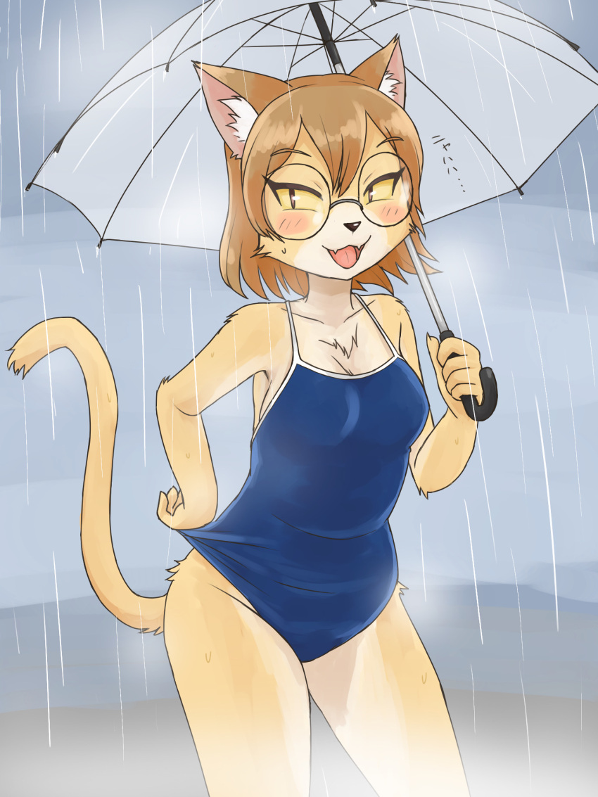 2022 3:4 5_fingers anthor anthro black_nose blue_one-piece_swimsuit brown_hair clothing domestic_cat felid feline felis female fingers fur hair hi_res holding_object holding_umbrella mammal one-piece_swimsuit raining smile snakehunter solo standing swimwear tan_body tan_fur umbrella