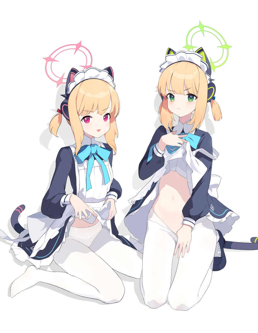 2girls absurdres animal_ear_headphones animal_ears apron aqua_ribbon black_dress black_footwear blonde_hair blue_archive bow cat_ear_headphones cat_tail chinese_commentary closed_mouth clothes_lift clothes_pull commentary_request dress dress_lift fake_animal_ears frilled_dress frills frown gong_cha green_bow green_eyes hairbow halo headphones highres kneeling lifting_own_clothes light_blush looking_at_viewer low_twintails maid maid_apron maid_headdress mechanical_tail midori_(blue_archive) midori_(maid)_(blue_archive) momoi_(blue_archive) momoi_(maid)_(blue_archive) multiple_girls navel neck_ribbon no_shoes official_alternate_costume open_mouth panties panties_under_pantyhose pantyhose pantyhose_pull pink_bow pink_eyes pulling_own_clothes ribbon short_hair siblings sidelocks sisters sitting smile stomach tail thigh_gap twins twintails underwear v-shaped_eyebrows wariza white_apron white_pantyhose