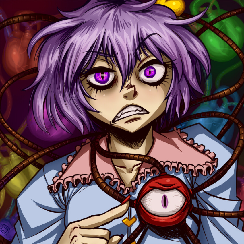 angry commentary english_commentary female heart komeiji_satori purple_eyes purple_hair slit_pupils solo spidu third_eye touhou