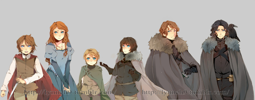 2girls 4boys a_song_of_ice_and_fire animification arya_stark bad_id bad_tumblr_id black_hair blue_eyes bob_cut bran_stark brown_hair cape facial_hair family fur_trim jon_snow lynneh multiple_boys multiple_girls photoshop_(medium) red_hair reverse_trap rickon_stark robb_stark sansa_stark short_hair siblings stubble sword watermark weapon web_address