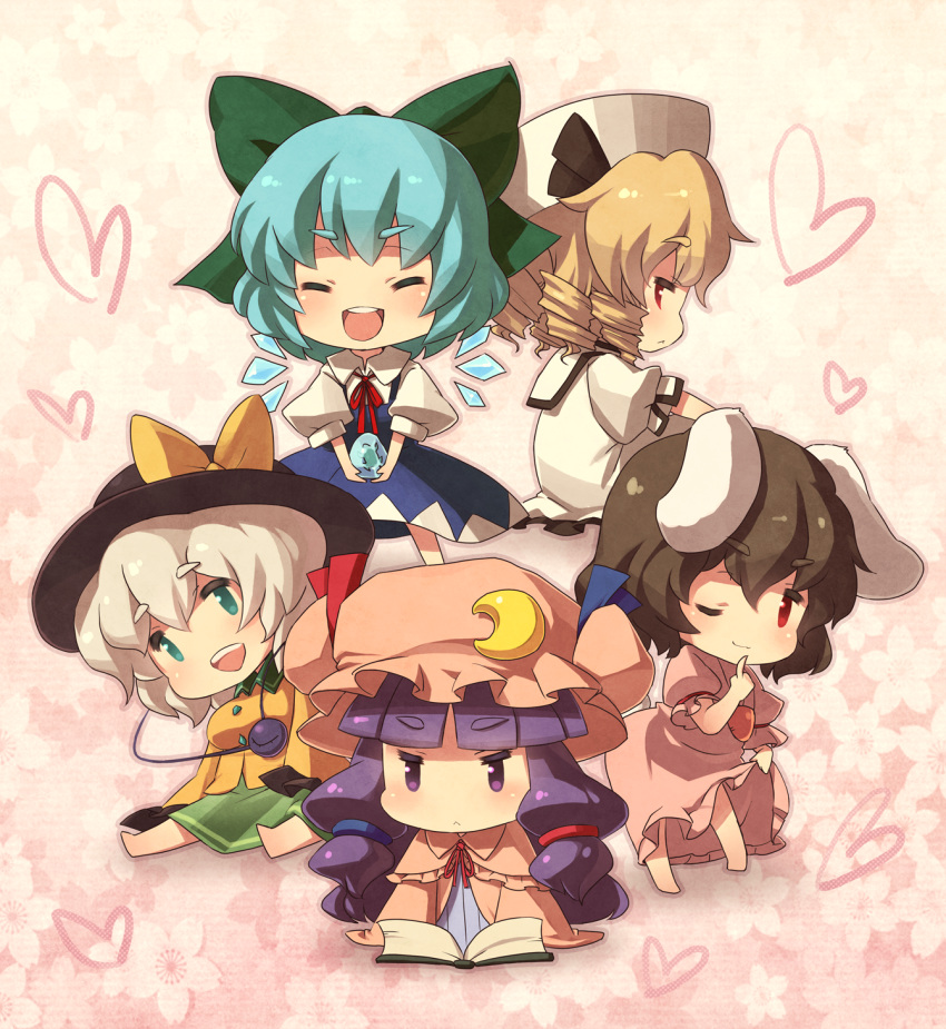 5girls :< animal_ears blonde_hair blue_hair blueberry_(5959) book chibi cirno clothes_lift commentary_request crescent dress dress_lift drill_hair green_eyes grey_hair hat heart highres inaba_tewi komeiji_koishi luna_child multiple_girls one_eye_closed patchouli_knowledge purple_eyes purple_hair rabbit_ears rabbit_tail red_eyes sitting tail touhou wings