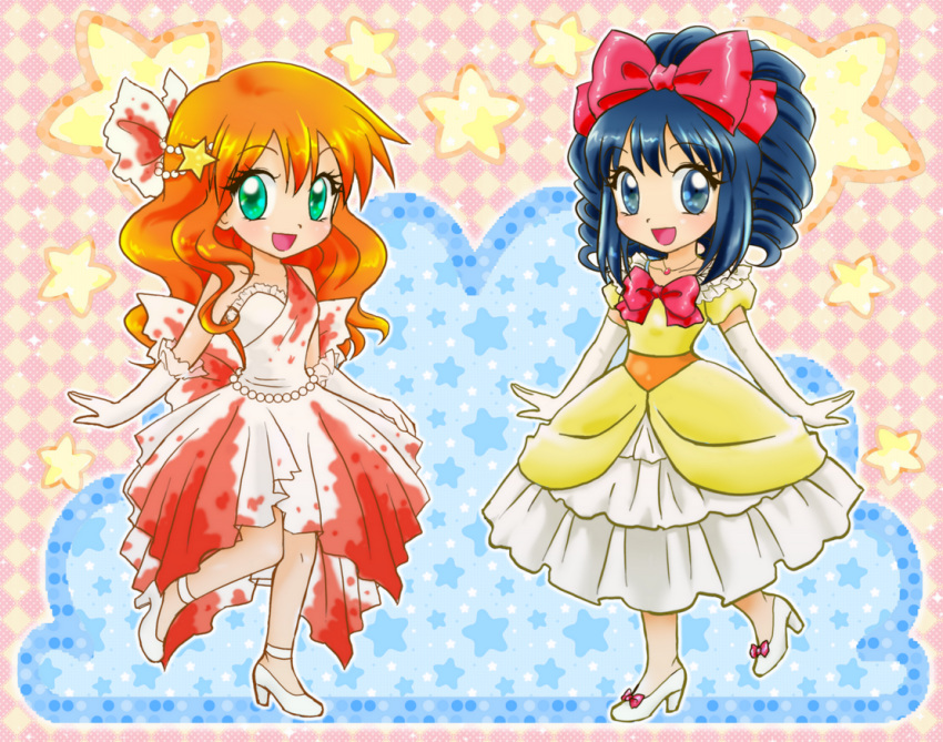 2girls alternate_costume alternate_hairstyle blue_eyes blue_hair chikorita85 commentary_request commission cosplay dawn_(pokemon) dress drill_hair elbow_gloves gem gloves goldeen goldeen_(cosplay) green_eyes hair_ornament high_heels jewelry kasumi_(pokemon) long_hair multiple_girls necklace open_mouth orange_hair pearl_(gemstone) pokemon pokemon_(creature) shoes smile star_(symbol)