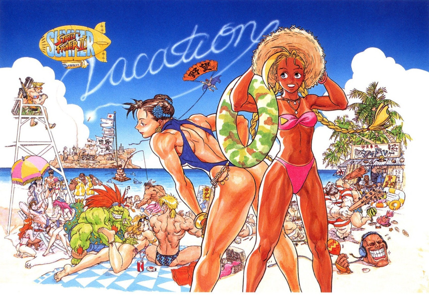 1990s_(style) 6+boys 6+girls abs aircraft akuma_(street_fighter) anklet armlet ass back bandeau barefoot baseball_bat beach beach_umbrella beamed_eighth_notes bear_pelt beard bent_over bikini bikini_tan blanka blanket blindfold blonde_hair blue_bikini blue_headwear bottle bracelet braid brown_hair buried cammy_white camouflage can capcom casual_one-piece_swimsuit chair character_request chun-li closed_eyes cloud club_(weapon) coca-cola coconut coconut_tree colored_skin company_connection crab cross dark_skin day dee_jay dhalsim dirigible double_bun drink drink_can drinking_straw duplicate earrings edmond_honda eighth_note eliza_masters everyone eyewear_on_head facial_hair feathers feet fei_long final_fight fishing fishing_rod flag flat_chest food fruit goggles goggles_on_head green_skin grin guile gun hair_bun hang_gliding hat hawaiian_shirt headband headphones highres holding holding_bottle hotpot inflatable_raft innertube instrument japan jewelry ken_masters legs lifeguard lily_hawk lipstick log long_hair lounge_chair lying m._bison makeup male_swimwear maracas midriff multiple_boys multiple_girls muscular musical_note nail nail_bat native_american navel necklace nishimura_kinu ocean official_art official_wallpaper old-fashioned_swimsuit on_back on_stomach one-piece_swimsuit outdoors palm_tree panties parachute peaked_cap pelt pink_bikini pink_hair pink_headwear poison_(final_fight) police_hat ponytail raft red_hair red_headband retro_artstyle rifle rocket_launcher roxy_(final_fight) ryu_(street_fighter) sagat sandals shark shark_fin shirt shop short_hair shorts side-tie_bikini_bottom sitting sky skywriting smile sniper_rifle soda_can squatting standing strapless straw_hat street_fighter street_fighter_ii_(series) striped striped_male_swimwear suikawari sunglasses swim_briefs swim_ring swim_trunks swimsuit tan tanlines third-party_source thong thong_bikini thunder_hawk top_hat traditional_media translation_request tree tube_top twin_braids umbrella underwear vega_(street_fighter) very_dark_skin water watermelon weapon white_one-piece_swimsuit zangief