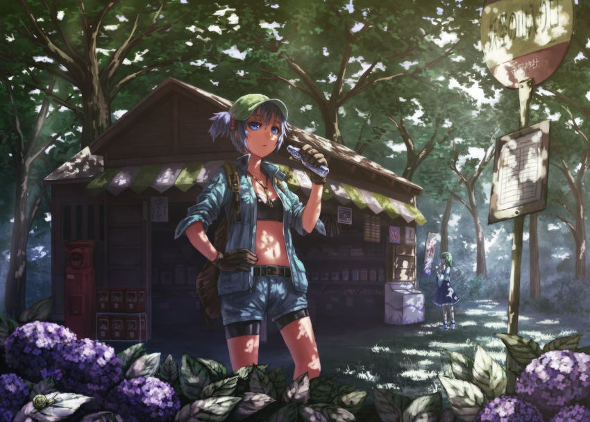 2girls alternate_costume backpack bad_id bad_pixiv_id bag banner belt bike_shorts blue_eyes blue_hair bottle bus_stop dappled_sunlight denim denim_jacket detached_sleeves flower food forest frog_hair_ornament gashapon gloves green_hair hair_bobbles hair_ornament hand_on_own_hip hat hydrangea jacket japanese_cylindrical_postbox japanese_postal_mark kawashiro_nitori key kochiya_sanae kurione_(zassou) midriff multiple_girls nature navel nobori outdoors pantyhose pantyhose_under_shorts popsicle postbox_(outgoing_mail) ramune shop short_hair short_twintails shorts sleeves_pushed_up snail strapless sunlight touhou tree tree_shade tube_top twintails two_side_up