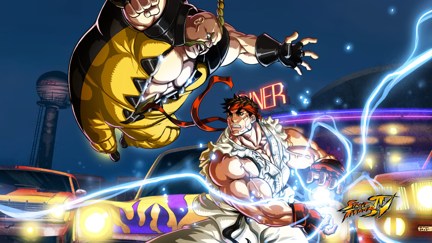 2boys battle black_hair blonde_hair braid dougi duel facial_hair fat fat_man fingerless_gloves gloves hadouken headband highres jumpsuit male_focus moustache multiple_boys muscular rufus_(street_fighter) ryu_(street_fighter) single_braid street_fighter street_fighter_iv_(series) thick_eyebrows