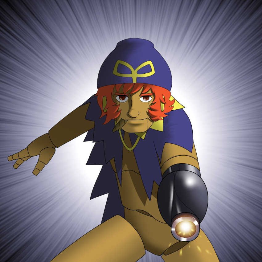 1boy arm_cannon brown_eyes cape cigar cobra_(space_adventure_cobra) doll_joints geno_(mario) hat highres joints male_focus mario_(series) parody red_hair smile solo space_adventure_cobra super_mario_rpg weapon