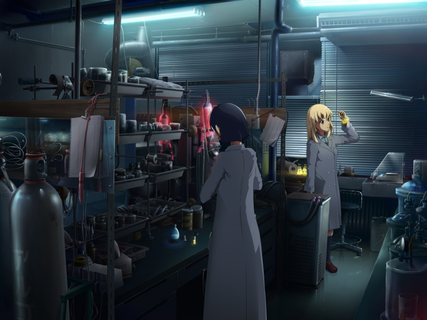 2girls beaker black_hair blonde_hair cable canister chair chemistry coat commentary_request dark erlenmeyer_flask flask fluorescent_lamp glowing highres holding industrial_pipe lab_coat lab_condenser laboratory lamp living multiple_girls original photorealistic realistic scenery science standing tools trench_coat vial