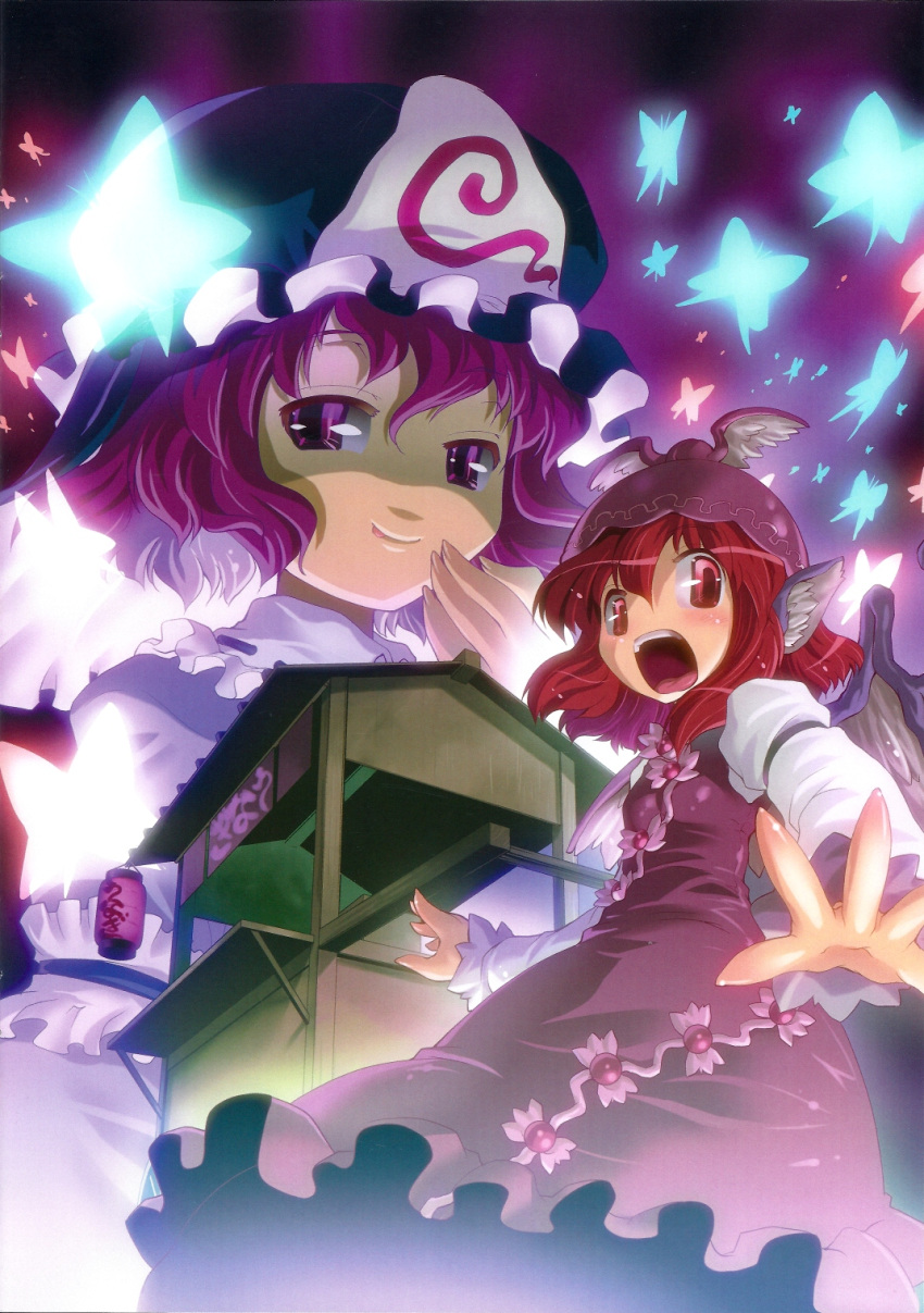 2girls :p alternate_hair_color blue_butterfly bug butterfly cart food_stand foreshortening from_below hat highres mizuki_hitoshi multiple_girls mystia_lorelei no_nose non-web_source noren paint.net_(medium) purple_eyes purple_hair red_eyes red_hair saigyouji_yuyuko scan tongue tongue_out touhou vending_cart wings yatai