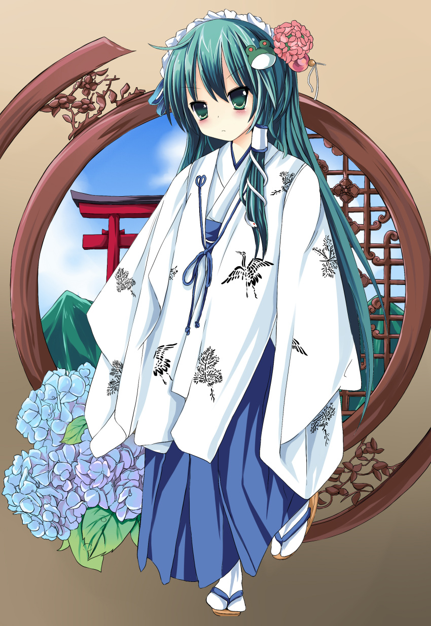 absurdres ahoge alternate_costume animal_print bad_id bad_pixiv_id bird bird_print blue_hakama chihaya_(clothing) crane_(animal) female flower frog_hair_ornament full_body green_eyes green_hair hair_flower hair_ornament hair_tubes hakama hakama_skirt highres hydrangea japanese_clothes kochiya_sanae leaf long_hair looking_at_viewer miko sakuraba_hikaru_(loveindog) sandals skirt sleeves_past_wrists snake_hair_ornament solo tabi torii touhou very_long_hair wide_sleeves zouri