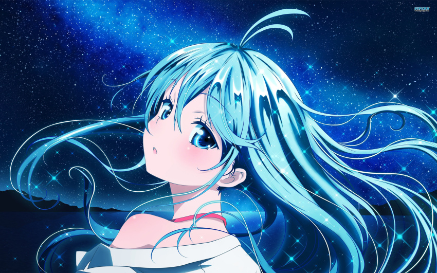 blue_eyes blue_hair denpa_onna_to_seishun_otoko female highres long_hair looking_back milky_way off_shoulder solo star_(sky) touwa_erio vector_trace