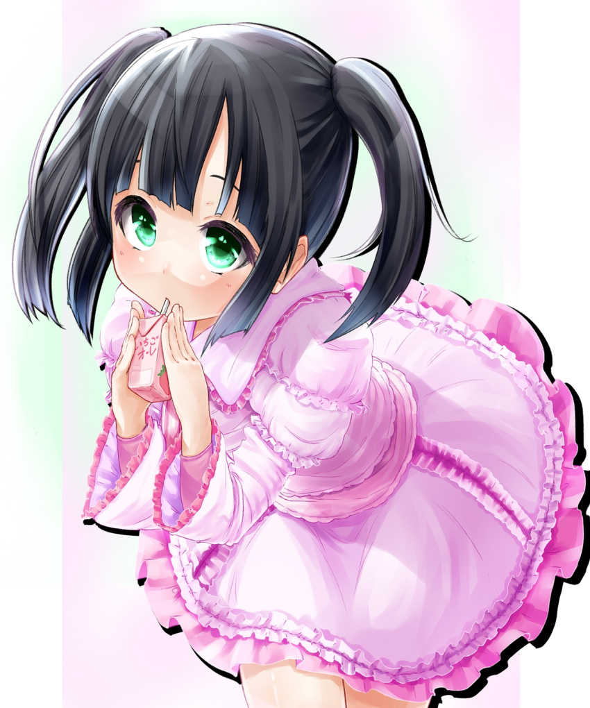 bad_id bad_pixiv_id black_hair dress drinking female green_eyes highres juice_box omaru_gyuunyuu original solo