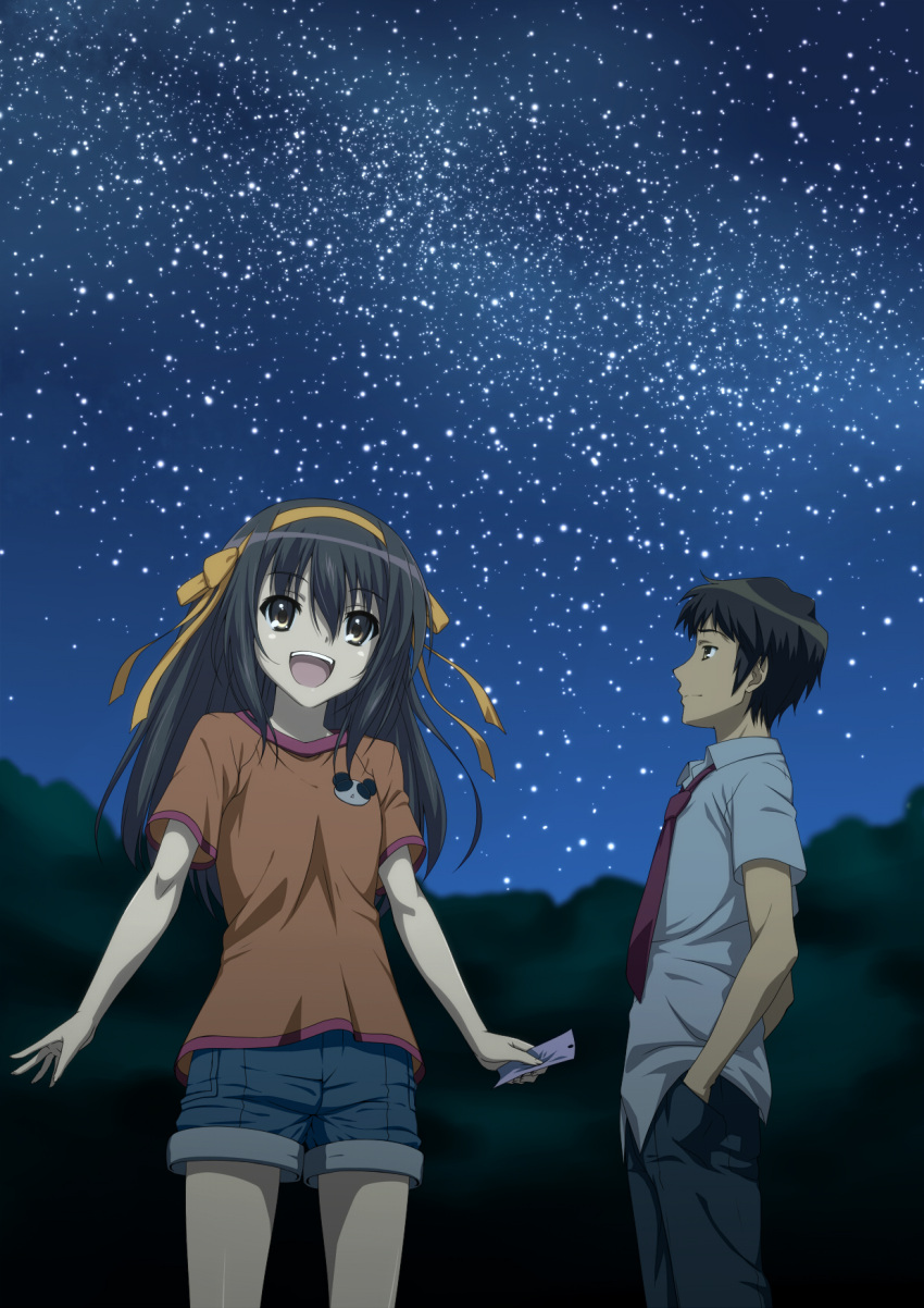 1boy black_pants brown_eyes brown_hair commentary_request denim denim_shorts female hairband highres iyakun kyon long_hair necktie night night_sky orange_hairband orange_shirt outdoors pants red_necktie school_uniform shirt short_sleeves shorts sky star_(sky) starry_sky suzumiya_haruhi suzumiya_haruhi_(young) suzumiya_haruhi_no_yuuutsu white_shirt