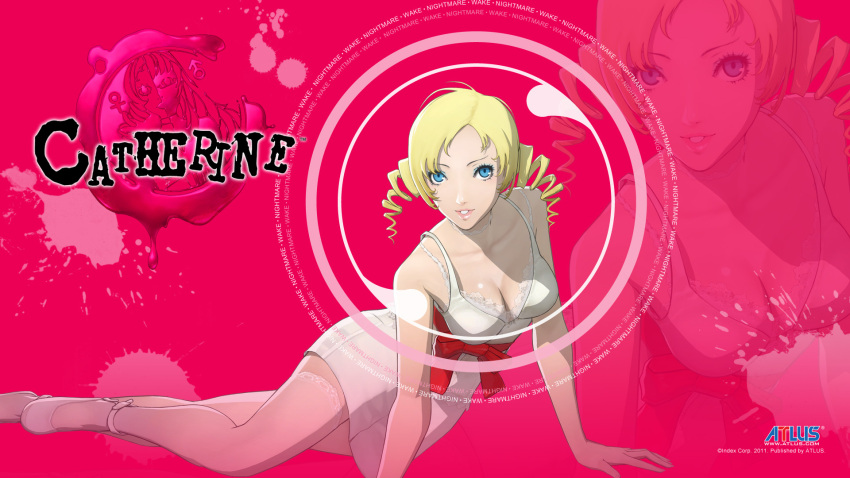 2011 3d bow catherine catherine_(game) cel_shading english_text female highres logo long_legs non-web_source official_art official_wallpaper soejima_shigenori solo waist_bow